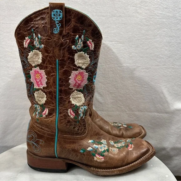 Macie Bean floral brown cowboy boots square toe rose garden leather pink blue - Picture 11 of 11